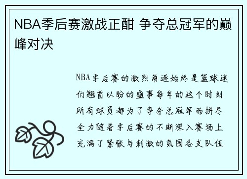 NBA季后赛激战正酣 争夺总冠军的巅峰对决
