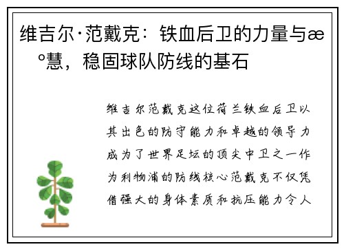 维吉尔·范戴克：铁血后卫的力量与智慧，稳固球队防线的基石