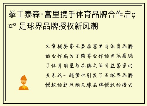拳王泰森·富里携手体育品牌合作启示 足球界品牌授权新风潮