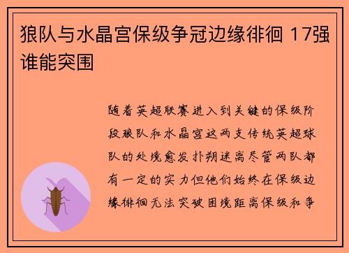 狼队与水晶宫保级争冠边缘徘徊 17强谁能突围